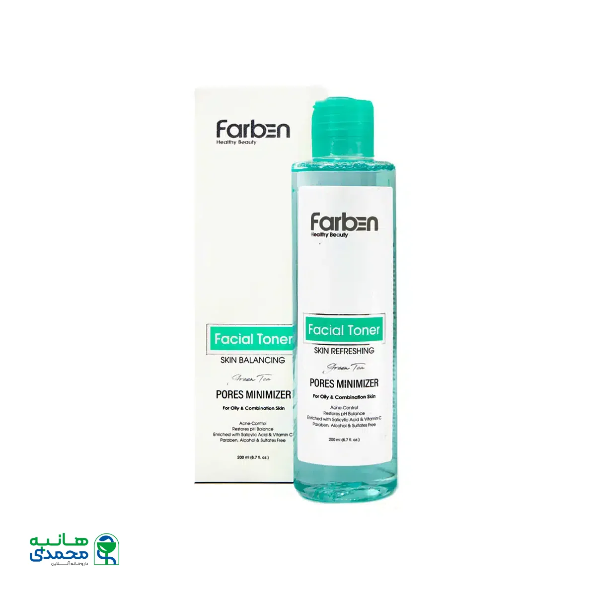 تونر پاک کننده صورت حاوی روغن چای سبز فاربن مناسب پوست چرب و مختلط 200 میلی لیتر