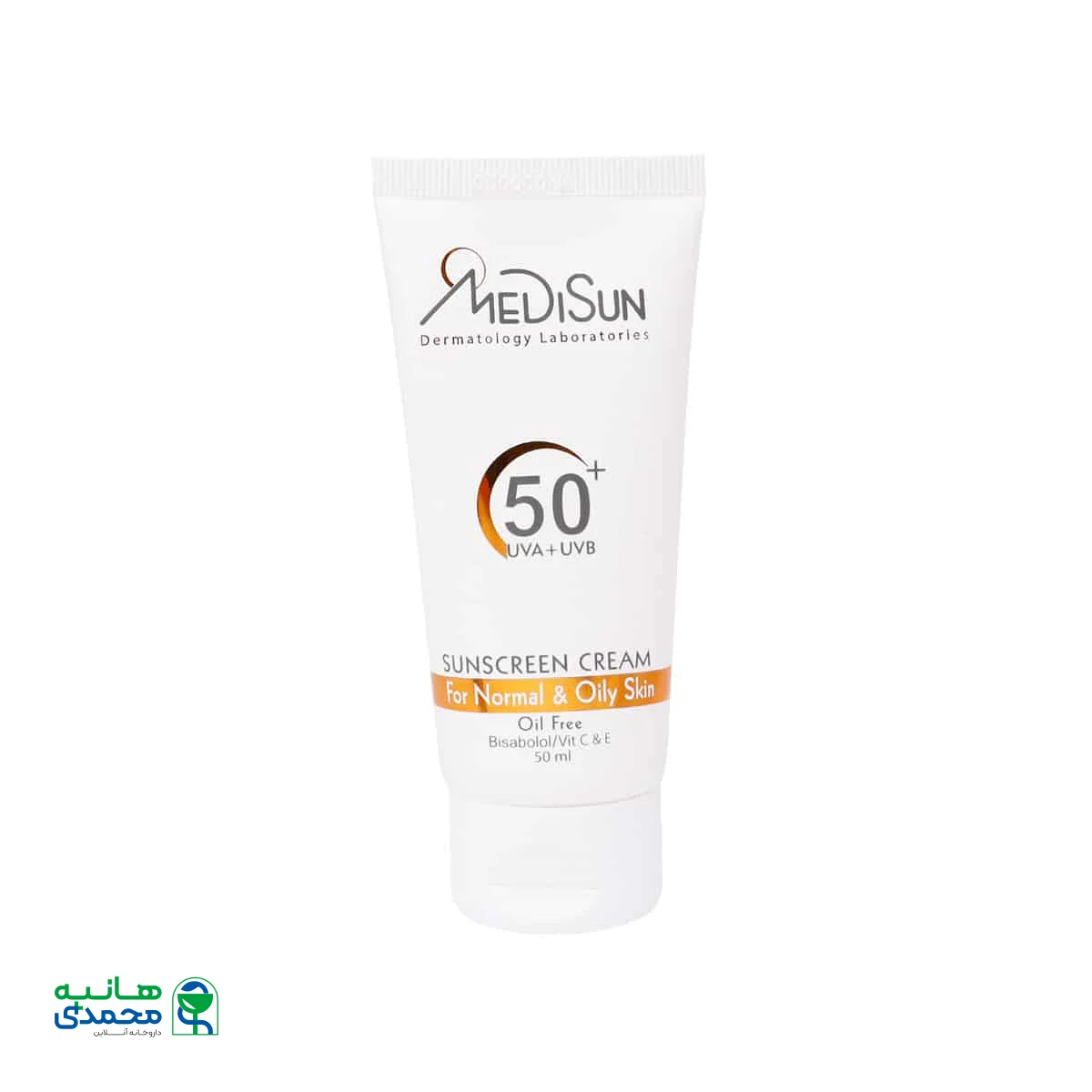 کرم ضد آفتاب بی رنگ spf50 پوست معمولی و چرب مدیسان 50 میلی لیتر