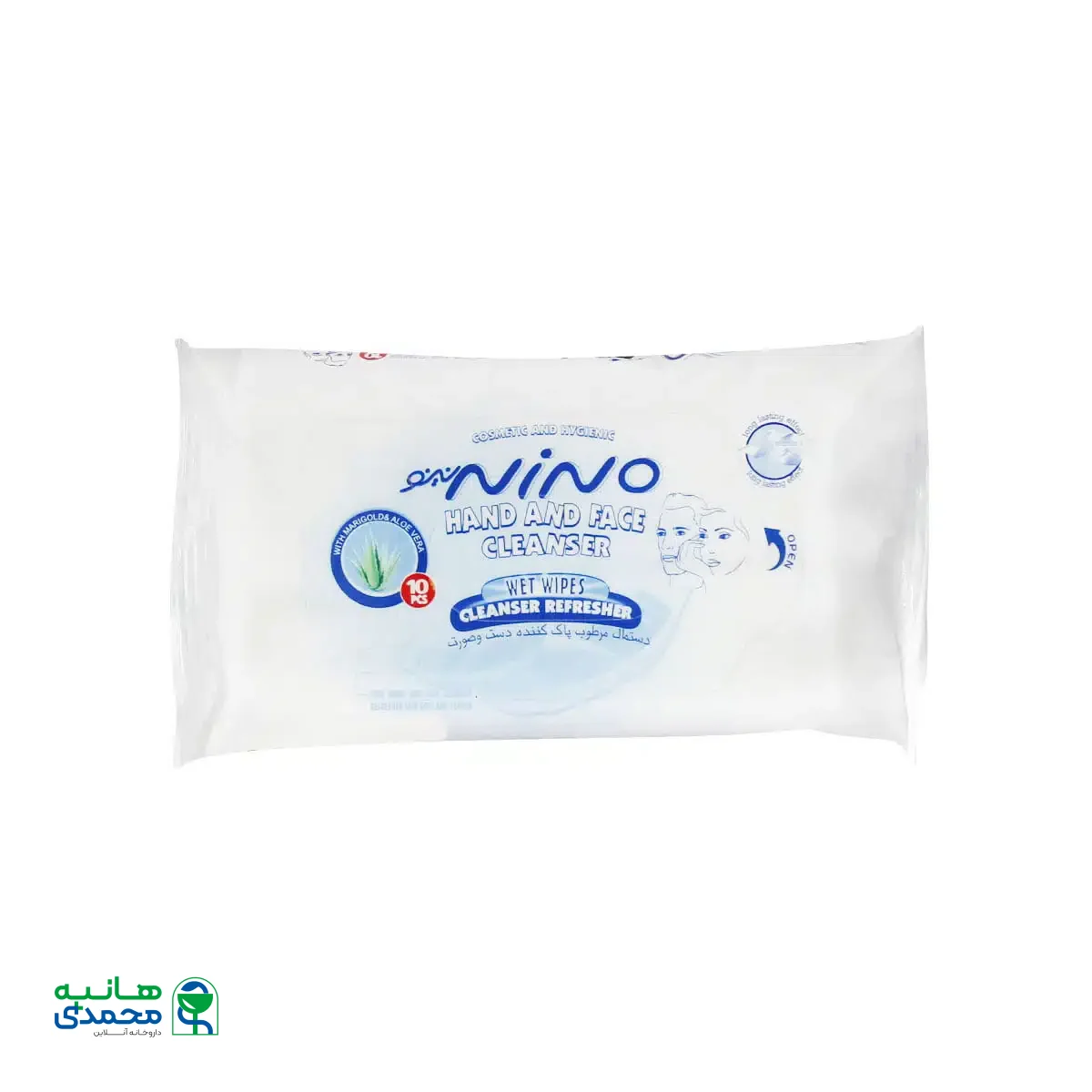 دستمال مرطوب پاک کننده دست و صورت نینو 10 عدد